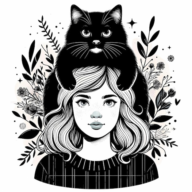 una donna con un gatto sulla testa sta tenendo un gatto nero sulla testa