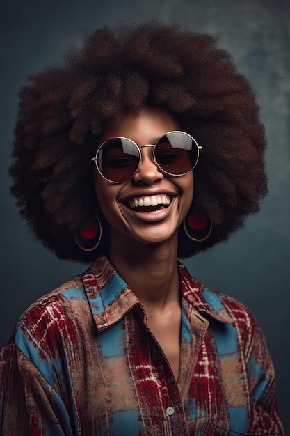 Una donna con un grande afro che indossa occhiali da sole sorride