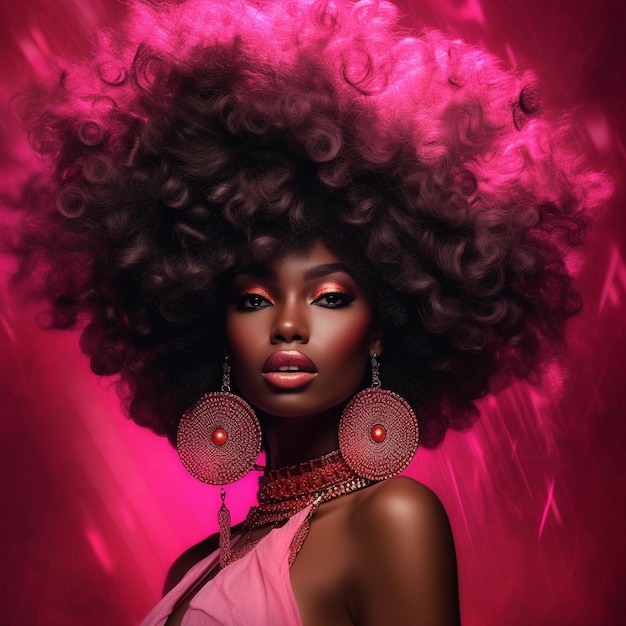 Una donna con un grande afro e uno sfondo rosa con uno sfondo rosa.