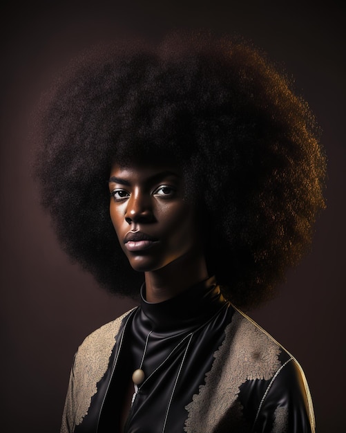 Una donna con un grande afro sul viso