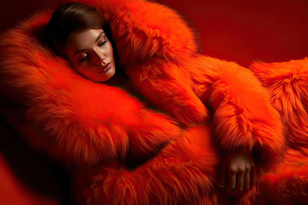 Una donna con un grande cappotto di pelliccia rossa sdraiata