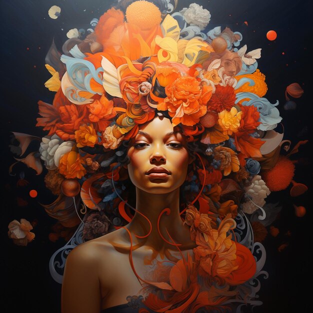 una donna con un grande fiore arancione nei capelli è circondata da fiori arancione.