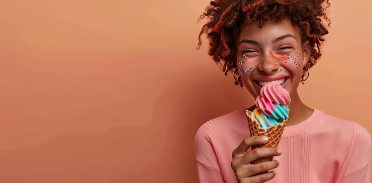 Una donna con un grande sorriso mentre si gode un waffle con pieno di colorato gelato luce pesca