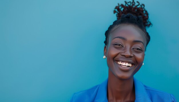 Una donna con un grande sorriso sul viso sta guardando la telecamera