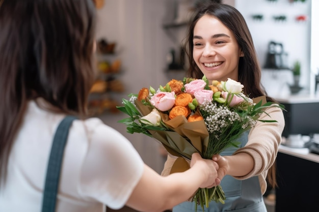 Una donna con un grembiule blu regala un mazzo di fiori a un cliente