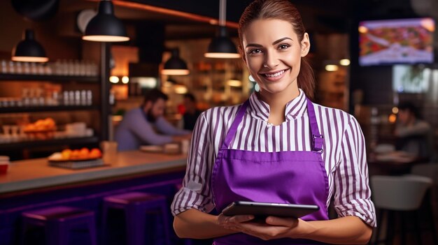 una donna con un grembiule tiene un tablet davanti a un ristorante.