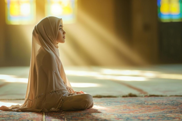 una donna con un hijab bianco seduta su un tappeto