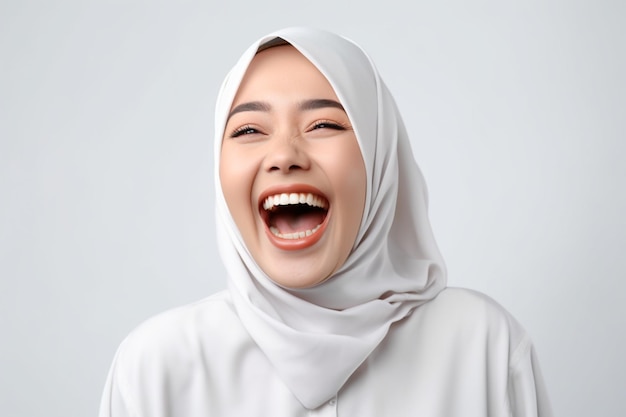Una donna con un hijab bianco sta ridendo e indossa un hijab bianco