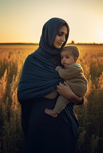 Una donna con un hijab blu tiene in braccio un bambino in un campo di grano.