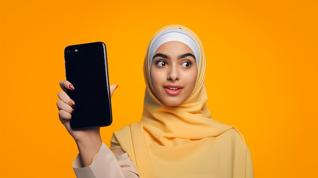 Una donna con un hijab giallo tiene in mano un tablet con lo schermo aperto.