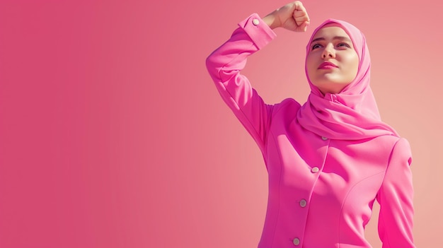 una donna con un hijab rosa con la parola sullo sfondo