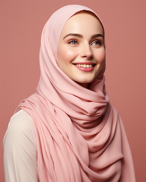 una donna con un hijab rosa con una sciarpa rosa sulla testa