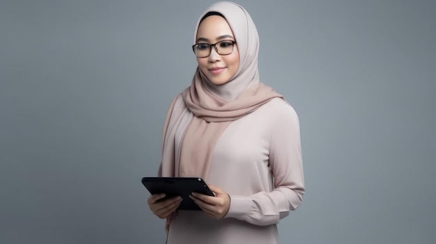 Una donna con un hijab rosa tiene in mano un tablet.