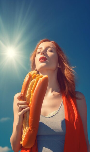 una donna con un hot dog e un hot dog in mano.