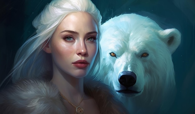 Una donna con un'illustrazione di fantasia di opere d'arte ipnotizzante digitale di un orso polare bianco