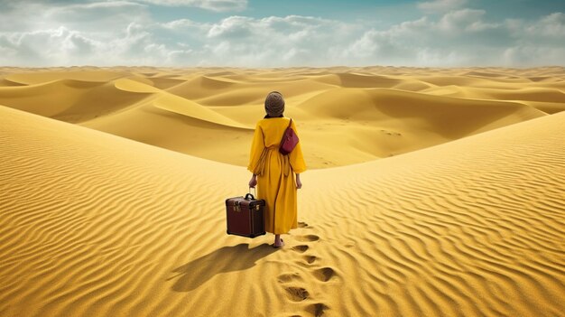 Una donna con un impermeabile giallo cammina nel deserto con una valigia.