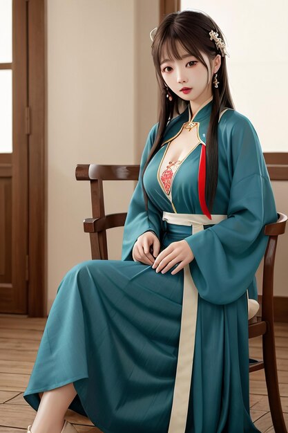 Una donna con un kimono blu è seduta su una sedia in una stanza con una finestra dietro di lei.