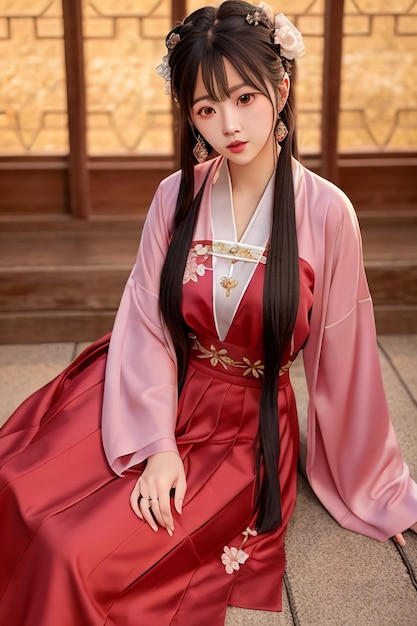 Una donna con un kimono cinese rosa è seduta sul pavimento.