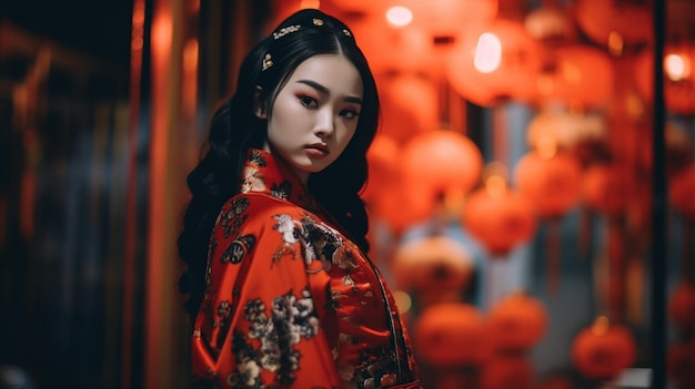 Una donna con un kimono rosso si trova davanti a una lanterna rossa.