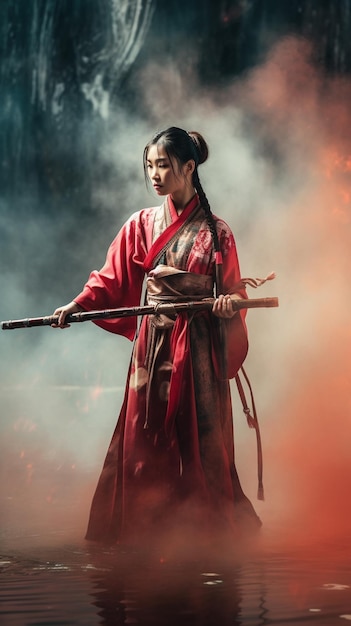 Una donna con un kimono rosso si trova di fronte al fumo e impugna una spada.