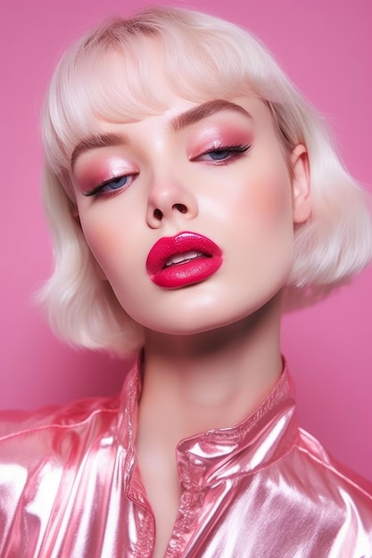 Una donna con un labbro rosa e una camicia rosa