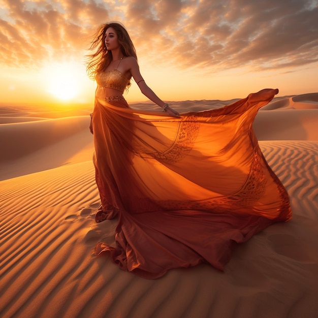 Una donna con un lungo abito arancione è in piedi nel deserto con il sole che tramonta dietro di lei