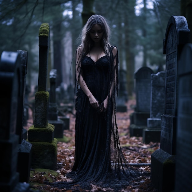 una donna con un lungo abito nero in piedi in un cimitero