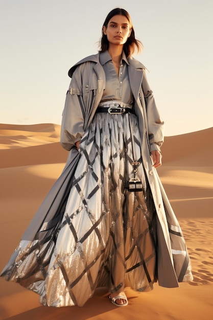 una donna con un lungo cappotto e una lunga gonna in un deserto