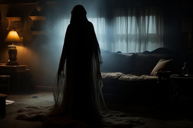 una donna con un lungo vestito in piedi in una stanza buia