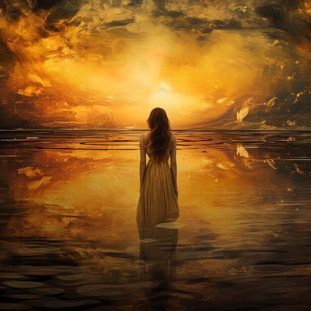 una donna con un lungo vestito in piedi nell'acqua con il sole dietro di lei
