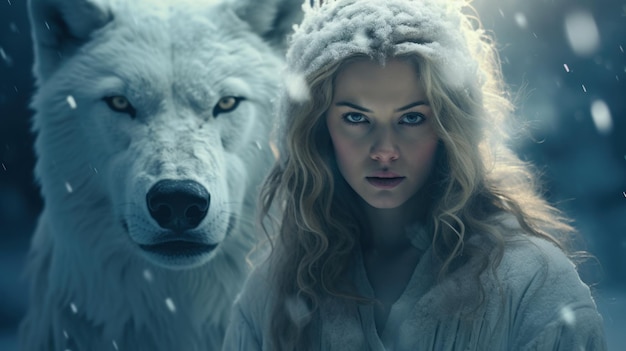 una donna con un lupo bianco