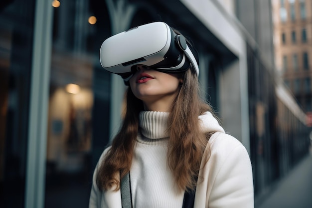 Una donna con un maglione bianco che indossa un visore per realtà virtuale AI generativa