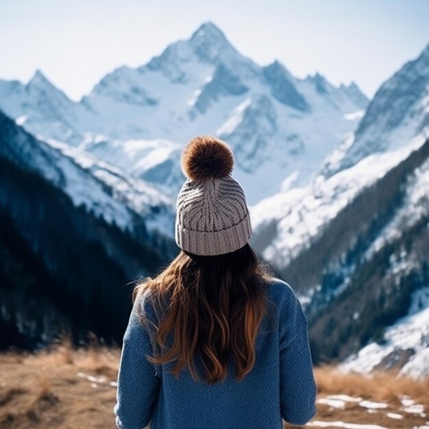 Una donna con un maglione blu si trova di fronte a una montagna innevata