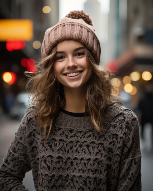 una donna con un maglione e un berretto che sorride alla telecamera