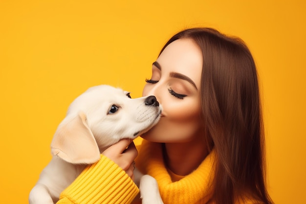 Una donna con un maglione giallo bacia un cucciolo su uno sfondo giallo