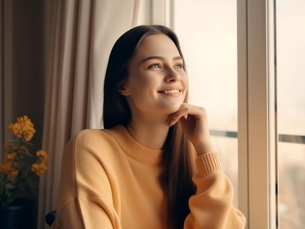 Una donna con un maglione giallo guarda fuori dalla finestra