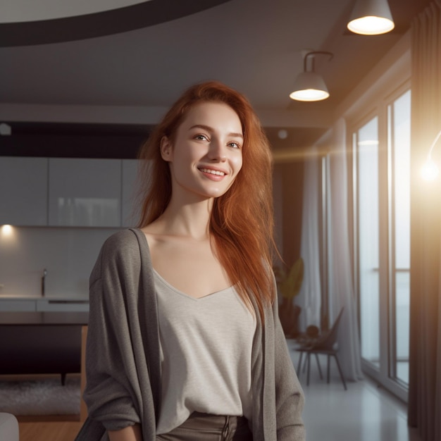 una donna con un maglione grigio si trova in una stanza con una finestra e una luce al soffitto.