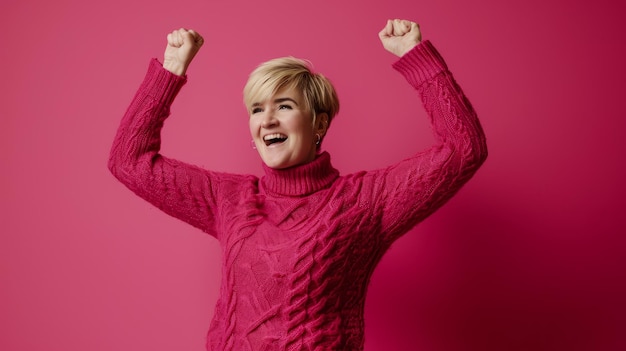 Una donna con un maglione rosa che alza le braccia