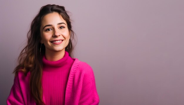 Una donna con un maglione rosa e un maglione rosa sorride allo spazio della copia della fotocamera