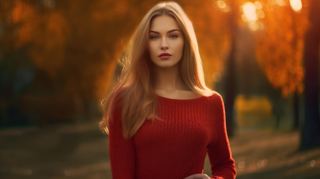 Una donna con un maglione rosso si trova in un parco di fronte a un tramonto