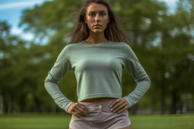 Una donna con un maglione verde si trova di fronte a una foresta.