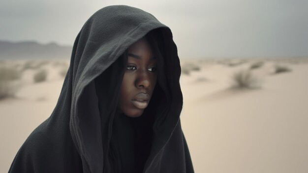 Una donna con un mantello con cappuccio in piedi in un deserto