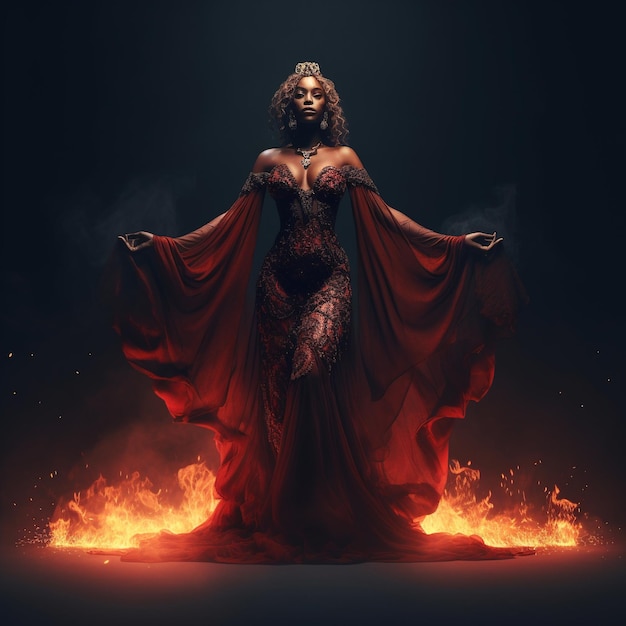 una donna con un mantello rosso sta in fiamme con le fiamme che si alzano dallo sfondo