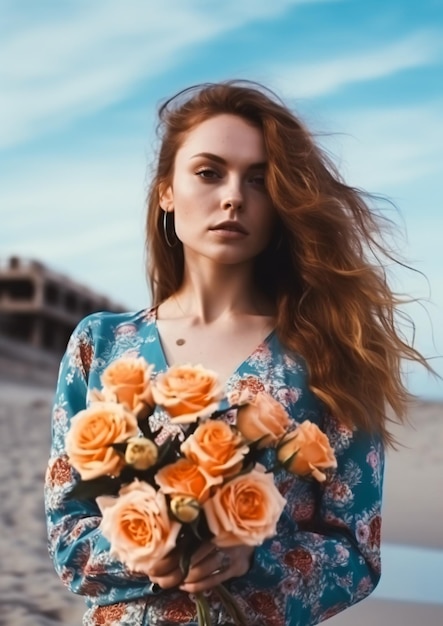 Una donna con un mazzo di rose su una spiaggia.