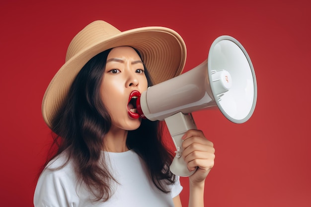 Una donna con un megafono in bocca sta urlando.