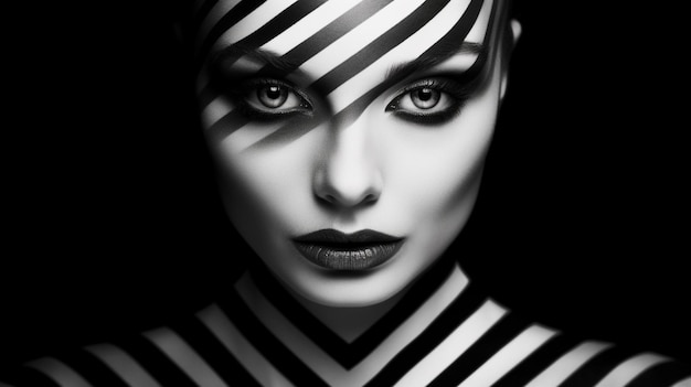 una donna con un motivo a strisce sul viso è mostrata in bianco e nero.
