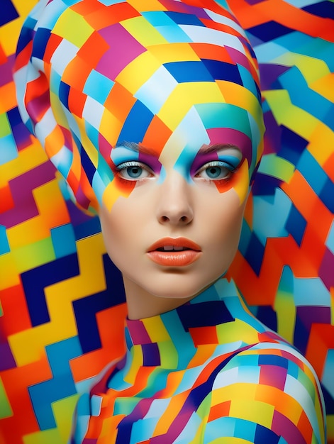 Una donna con un motivo colorato sul viso indossa un abito colorato.