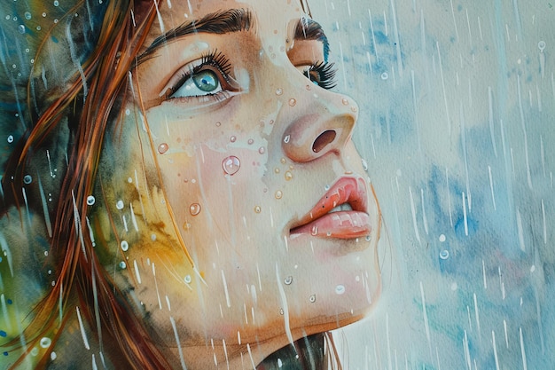 Una donna con un occhio blu sta guardando fuori dalla finestra alla pioggia