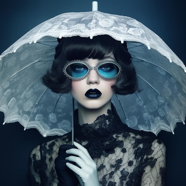 Una donna con un ombrello bianco e occhiali da sole tiene un ombrello.