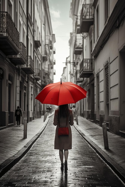 Una donna con un ombrello rosso si trova in una strada vuota.